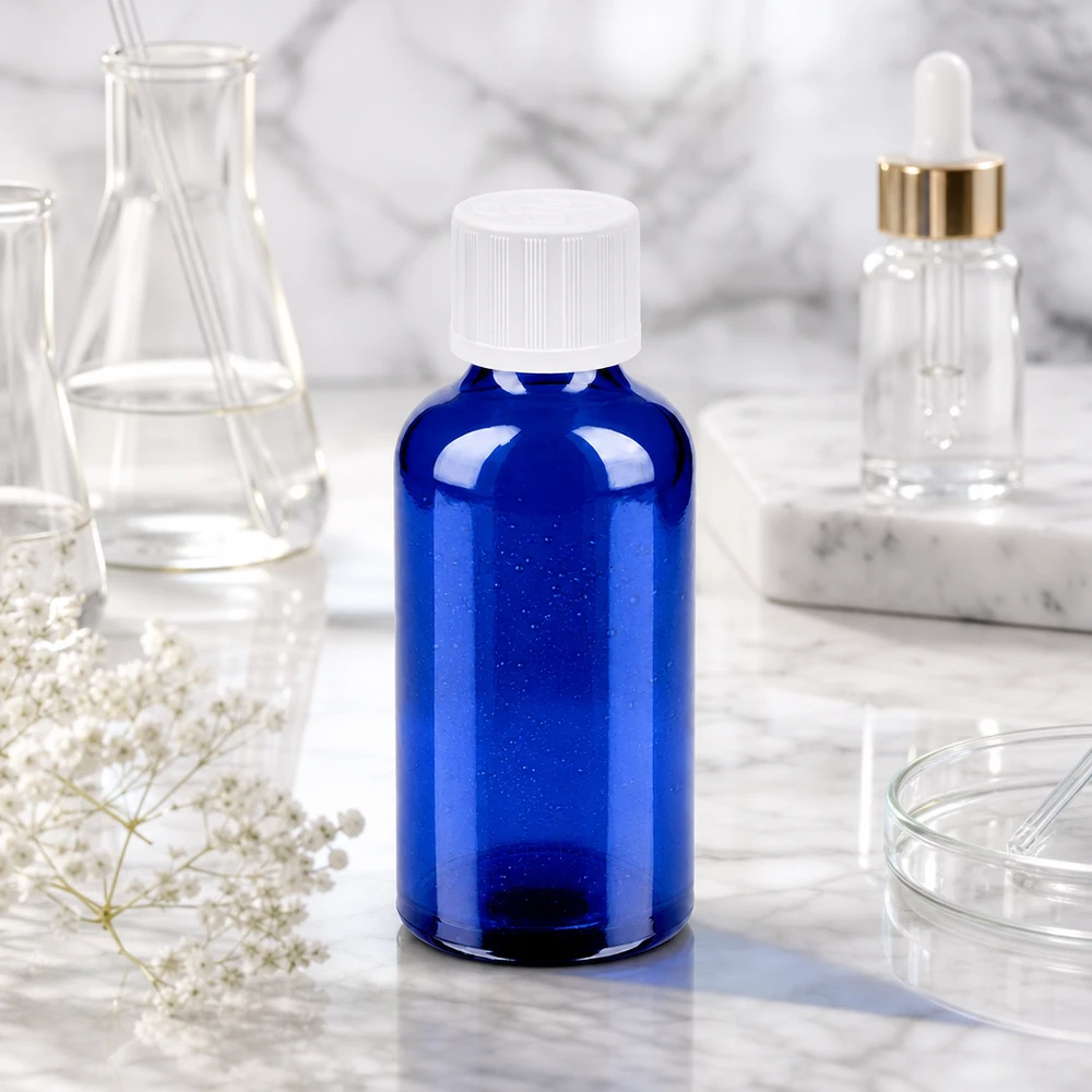 50ml pullo 11mm kierrekorkki valkoinen vakio lapsiturvallinen BlueLine UT18/50 BlueLine UT18/50 Kompakti 50 ml:n lasipullo, jossa on UV-suoja sinisen värin ansiosta, ihanteellinen valolle herkille aineille.
