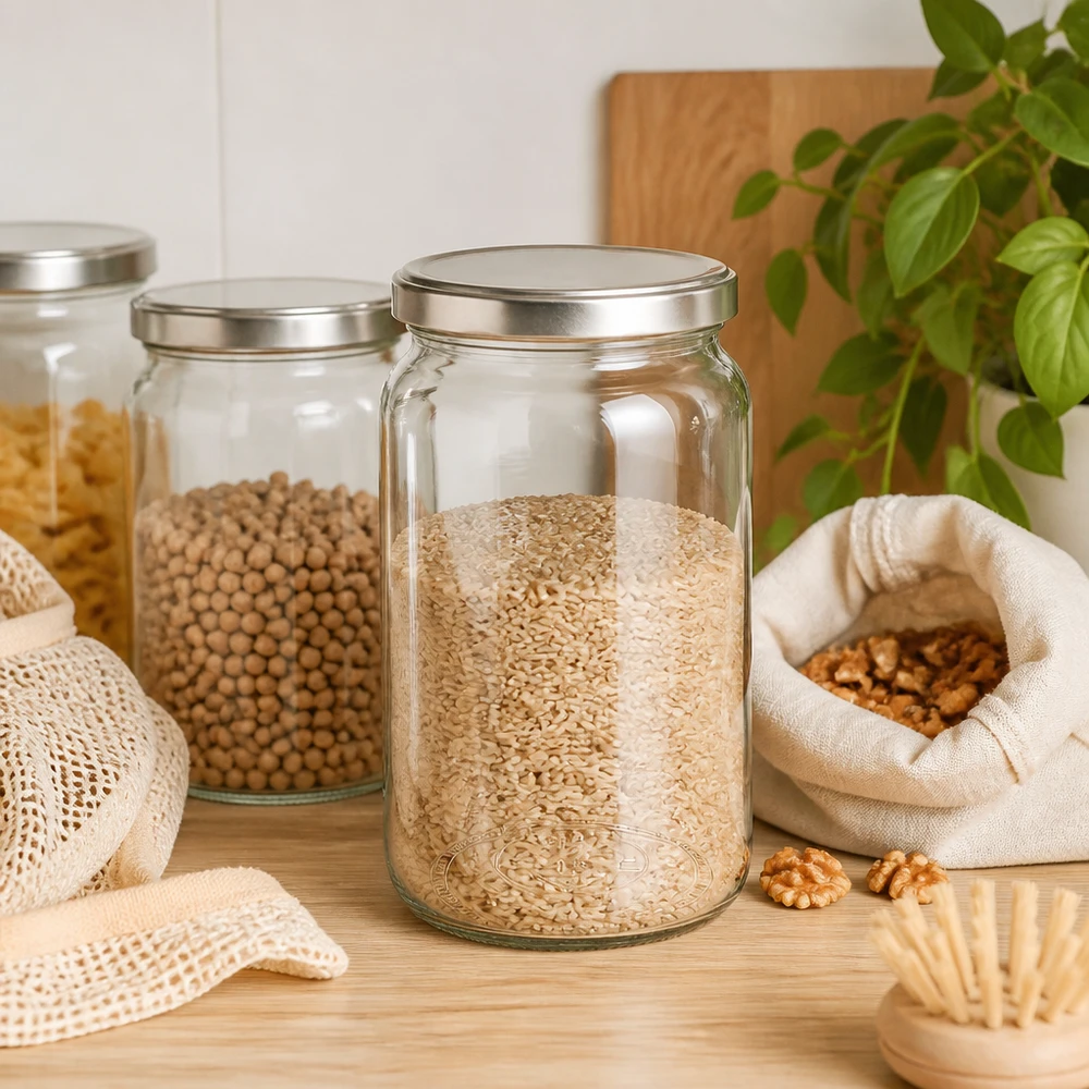 795ml pyöreä purkki, jossa on BasicSeal-kansi hopea UNiTWIST 795ml Rundglas mit BasicSeal Deckel gefüllt mit Getreide in nachhaltiger Zero-Waste Küche mit Stoffbeuteln