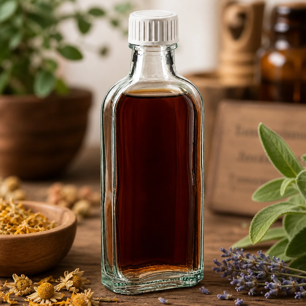 100 ml Meplat kirkas kierrekorkki, jossa PE-vaahtomuovisäke Ruskea yrttitinktuura 100 ml:n Meplat-lasipullossa, jossa on valkoinen kierrekorkki, puupöydällä