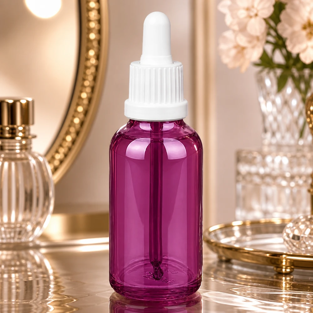 30ml violetti pipettipullo on valmistettu korkealaatuisesta lasista ja siinä on ergonominen muotoilu helppoa käsittelyä varten.
