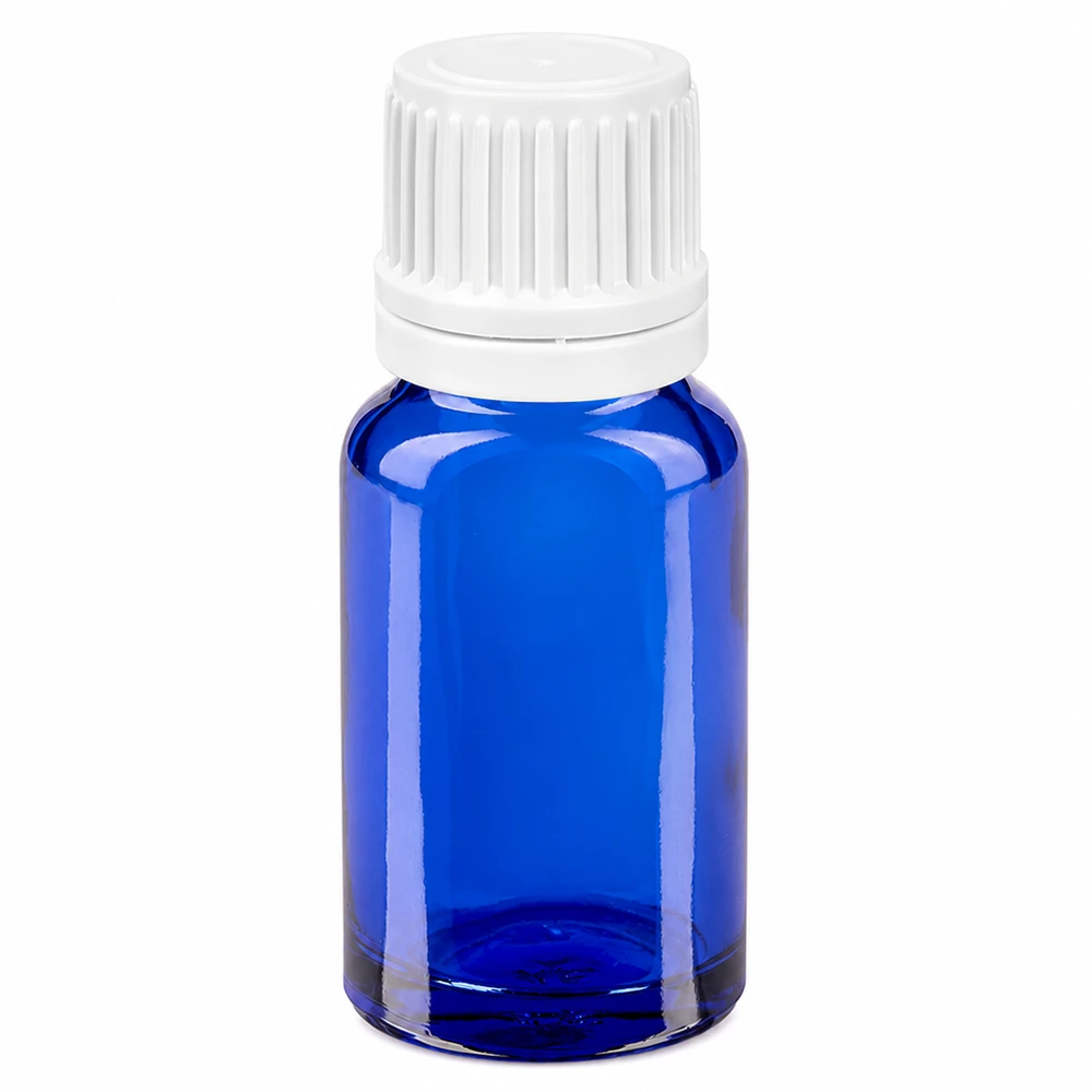 Sininen 10ml tippapullo lasista, jossa on valkoinen korkki ja 0.7mm annosteluaukko.