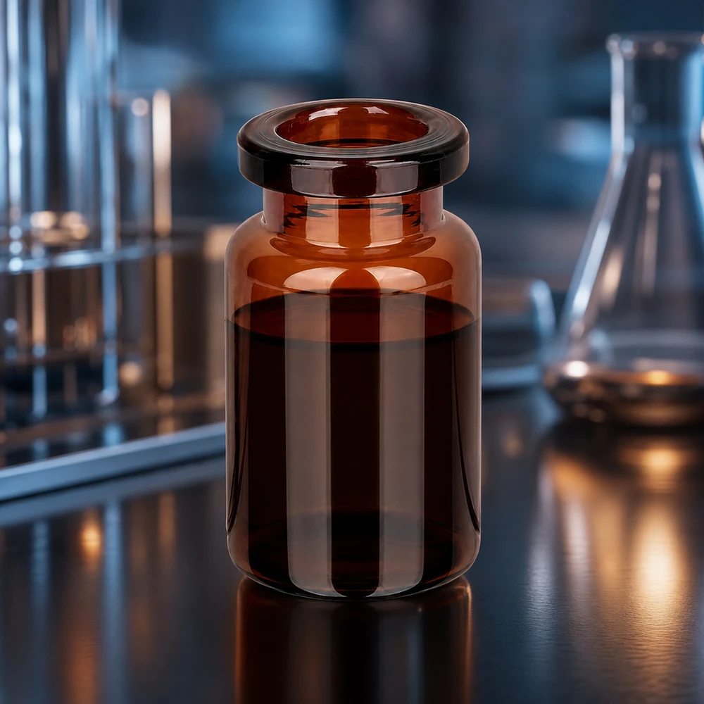 Miniatur Pharmaflasche aus dunkelbraunem Glas 5ml mit geradem Flaschenkörper im Labor