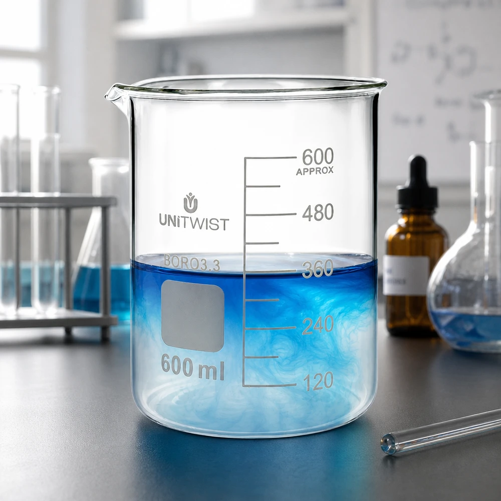 UNiTWIST-mitta-astia, 600 ml, matala malli, Boro3.3-lasia, kaatonokalla, laboratoriopöydälle