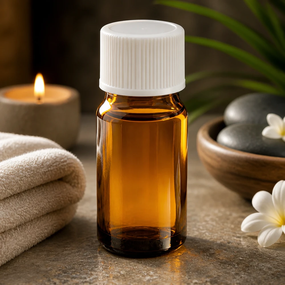 Pieni 5ml apteekkipullo ruskeasta lasista valkoisella kierrekorkilla aromaterapiaan ja hyvinvointiin.