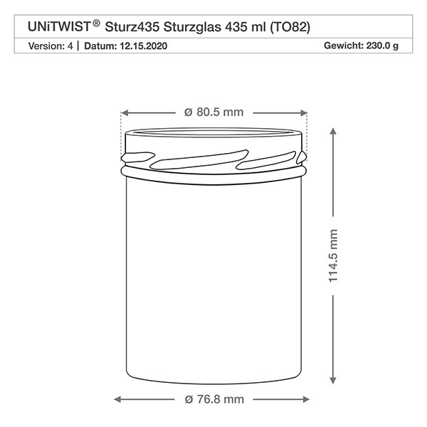 435ml juomalasit ilman kantta (TO82) UNiTWIST Technische Zeichnung UNiTWIST Sturz435 Einmachglas 435ml mit Maßangaben Durchmesser 80,5mm Höhe 114,5mm TO82