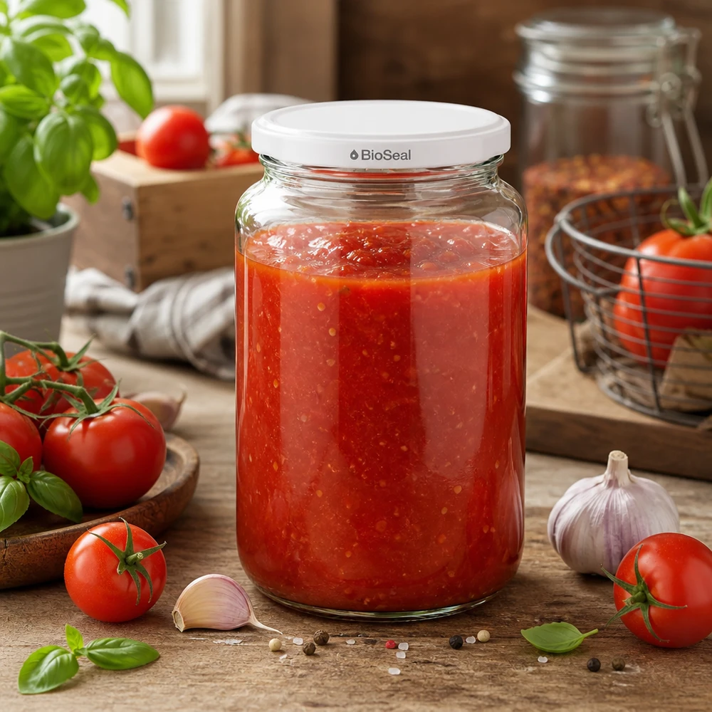 UNiTWIST Runda382 mit hausgemachter Tomatensauce - frische Pasta-Sauce im BioSeal Einmachglas für Küchen-Vorrat