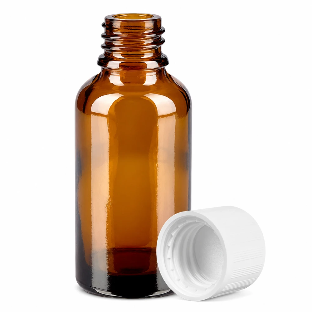 Ruskea lasipullo 30ml, jossa on 11mm kierre ja lapsiturvallinen korkki turvalliseen säilytykseen.