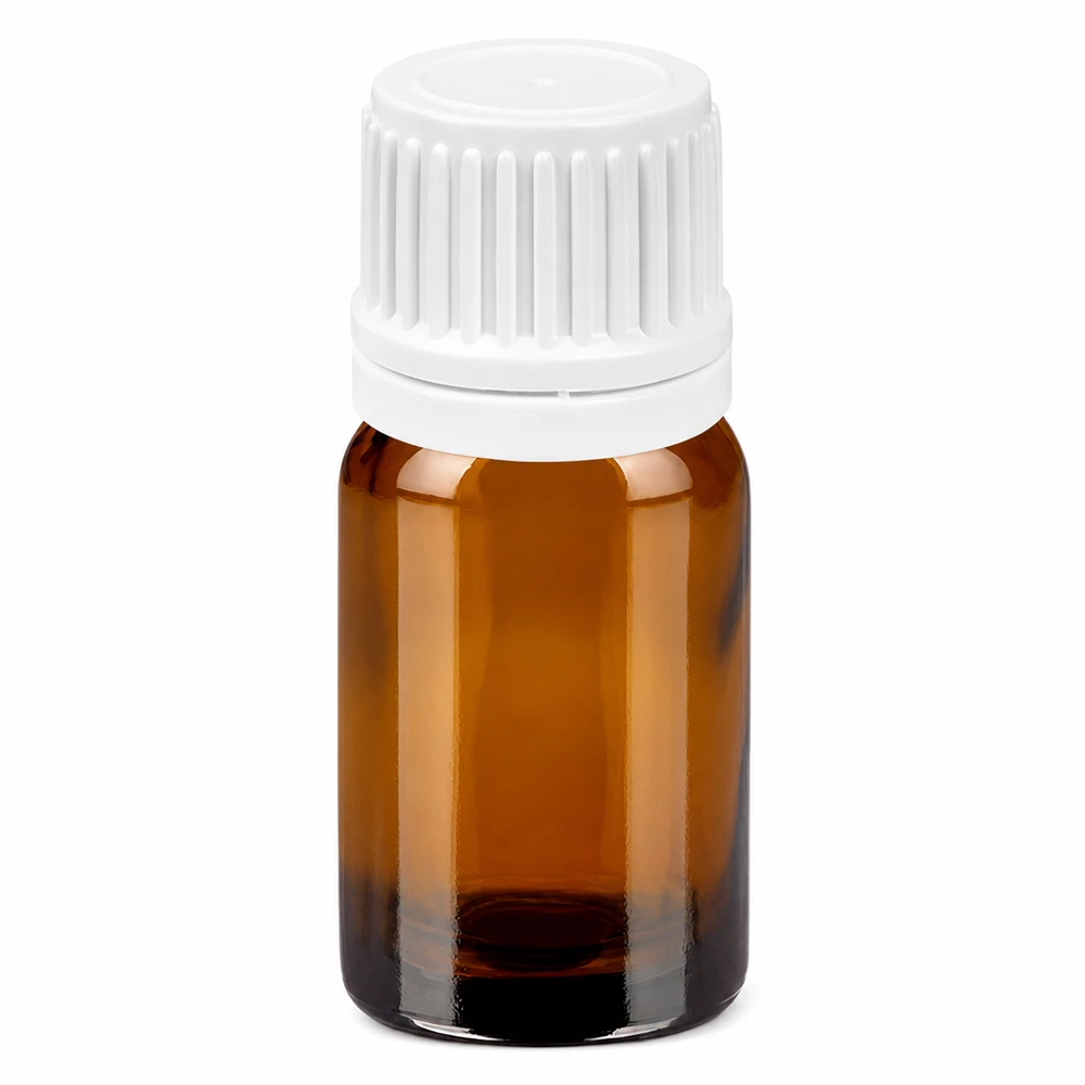 5ml pullo 11mm kierrekorkki valkoinen väärentämisen estävä korkki BrownLine UT18/5 5ml ruskea lasipullo valkoisella kierrekorkilla 11mm eteerisille öljyille ja kosmetiikalle.