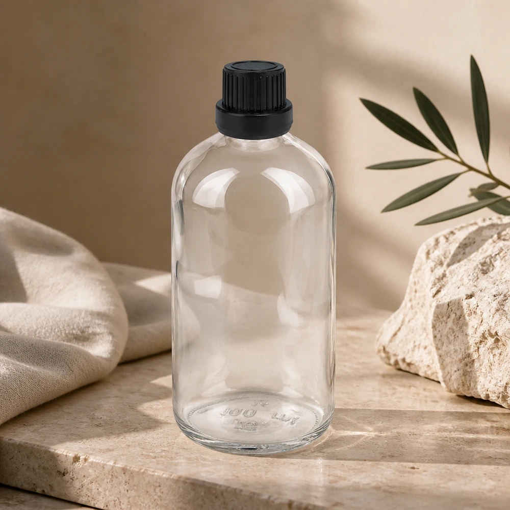 Läpinäkyvä 100 ml:n tiputuspullo kirkkaasta lasista, jossa on musta alkuperäiskorkki, ClearLine-sarja