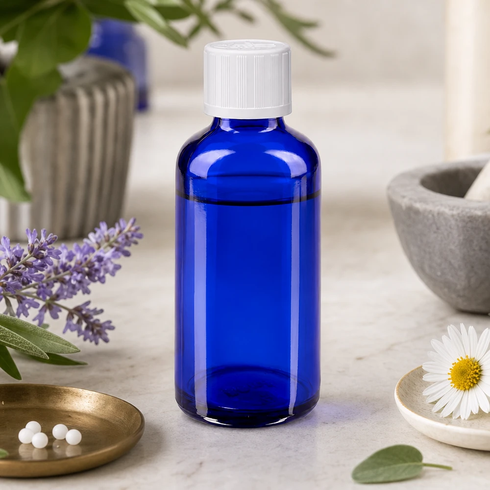 Apteekkipullo sininen 50ml kierrekorkki valkoinen lapsiturvallinen vakio Sininen 50 ml:n apteekkipullo, jossa on lapsiturvallinen valkoinen korkki, kamomillan ja laventelin vieressä