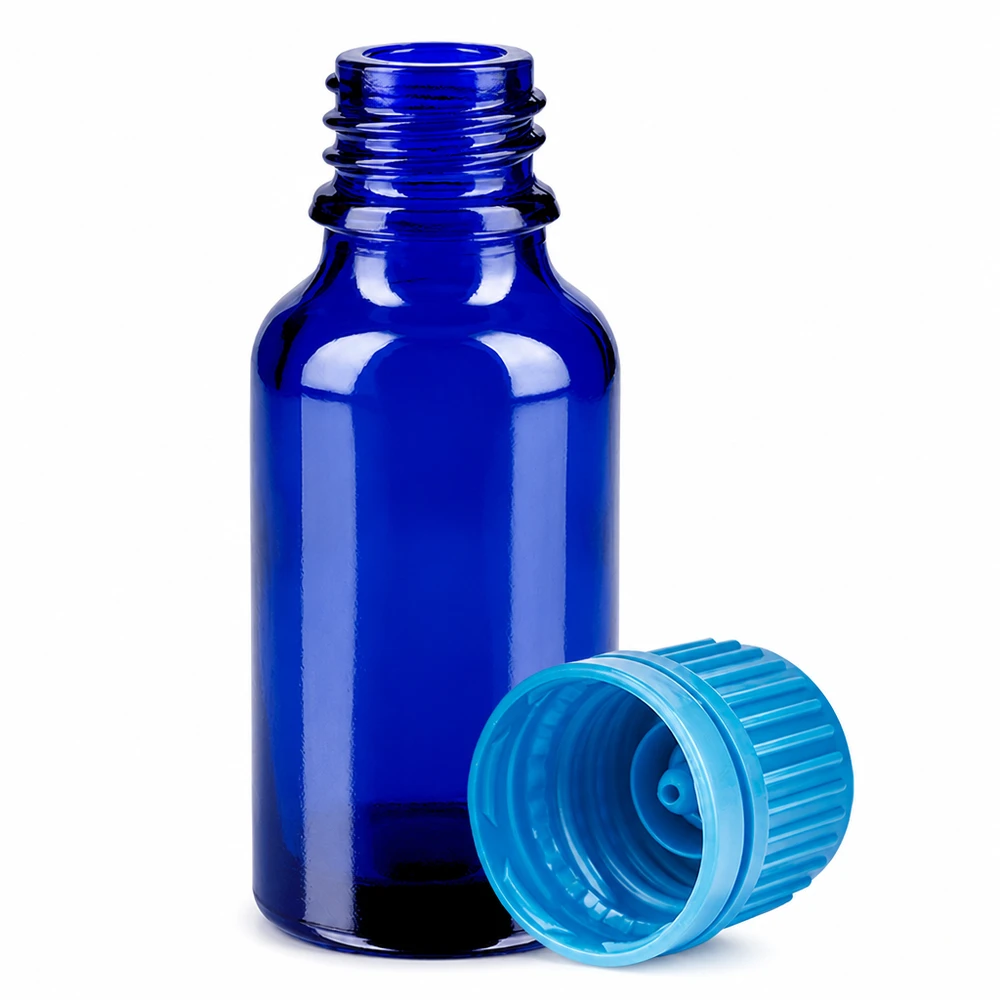 20ml pullo 11mm kierrekorkki sininen tamper-evident korkki BlueLine UT18/20 BlueLine UT18/20 Pieni 20 ml:n laboratoriopullo sinisestä lasista, jossa on turkoosi korkki tarkkaa annostelua varten.