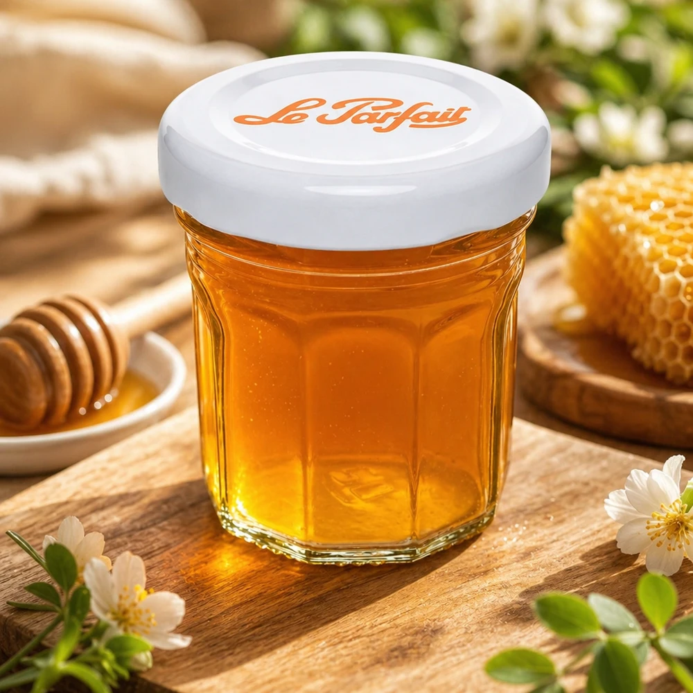 44ml Mini-Sturzglas "Jam" mit Schraubdeckel Le Parfait® Le Parfait minipullot 44ml täynnä hunajaa hunajakennon ja hunajalusikan vieressä puisella pöydällä kukkakoristeella.