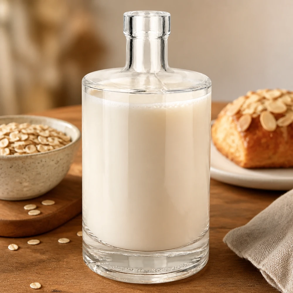 500 ml:n lasipullo Marie täynnä kauramaitoa kaurahiutaleiden ja leivän ohella osoittaa maidon vaihtoehtojen monipuolisuuden.