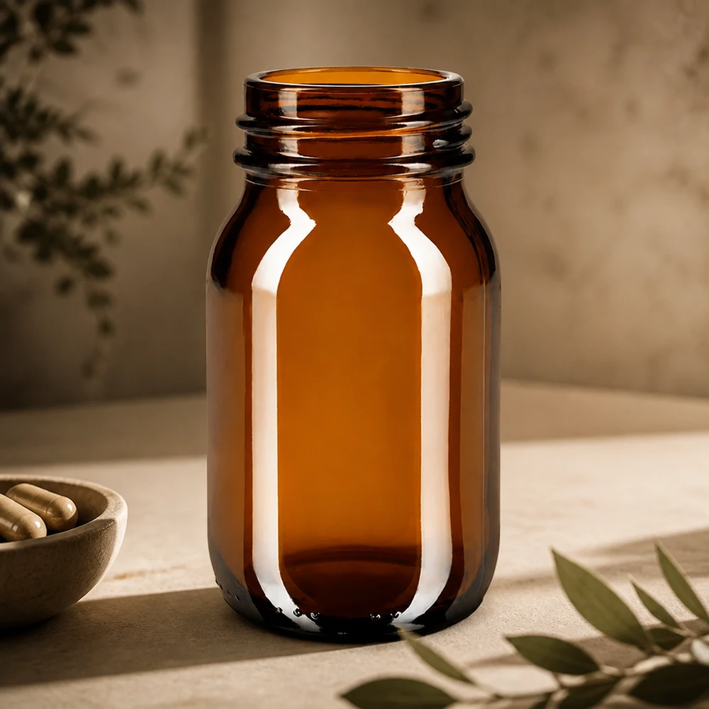 100ml leveäkaulainen pullo meripihkanväristä lasia Korkealaatuinen 100ml meripihkanvärinen lasipullo, jossa on kestävä kierrekorkki turvallista säilytystä varten.