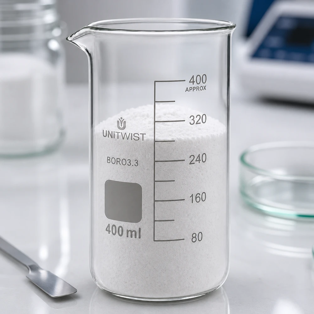 400 ml:n borosilikaattilasi, korkea muotti UNiTWIST 400 ml:n korkea koeputki, joka on täytetty valkoisella jauheella, UNITWIST-laboratoriopöydällä, borosilikaattia