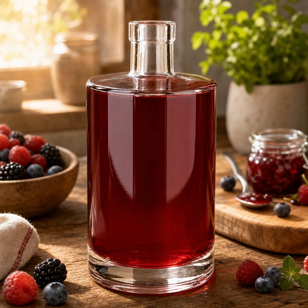 700ml Glasflasche Marie mit rötlichem Beerensaft befüllt umgeben von frischen Beeren auf rustikalem Holztisch