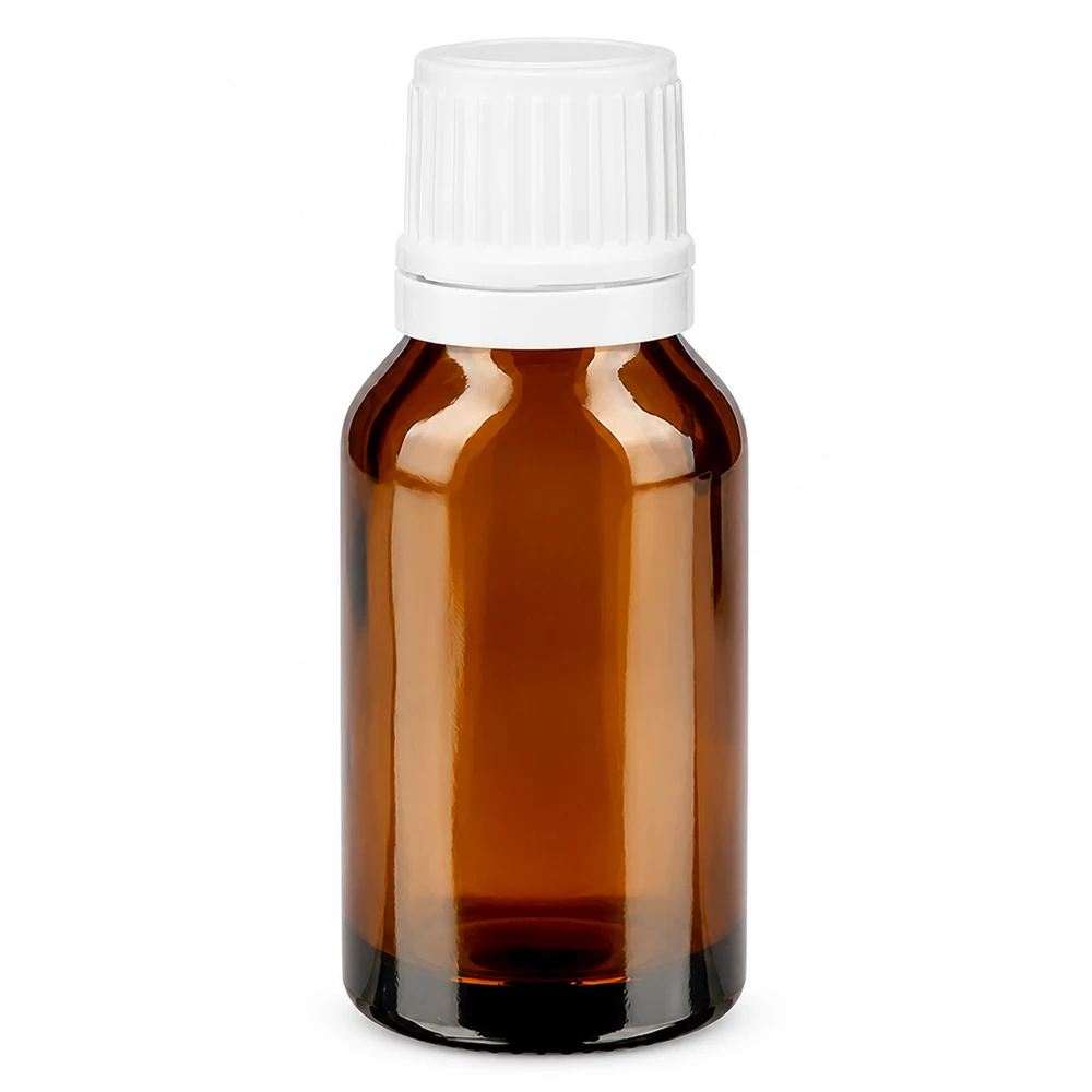 Apteekkipullo ruskea 15ml tiputuskorkki 1.2mm valkoinen peukaloinnin estävä sulkeminen Ruskea apteekkipullo, 15 ml, valkoisella alkuperäisyystulpalla ja 1,2 mm:n lasisella tiputusosalla