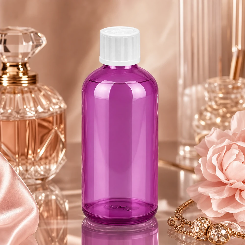 100ml tippapullo 1,2mm valkoinen vakiomallinen lapsiturvallinen PurpleLine. UT18/100 Kompakti 100 ml:n violetti lasipullo, jossa on tarkka 1,2 mm:n tippakorkki aromaterapiasovelluksiin.