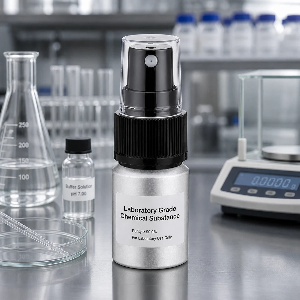 Laboratoriolaatuinen 10 ml:n alumiinipullo, jossa on sumutin kemiallisten aineiden tarkkaa annostelua varten.