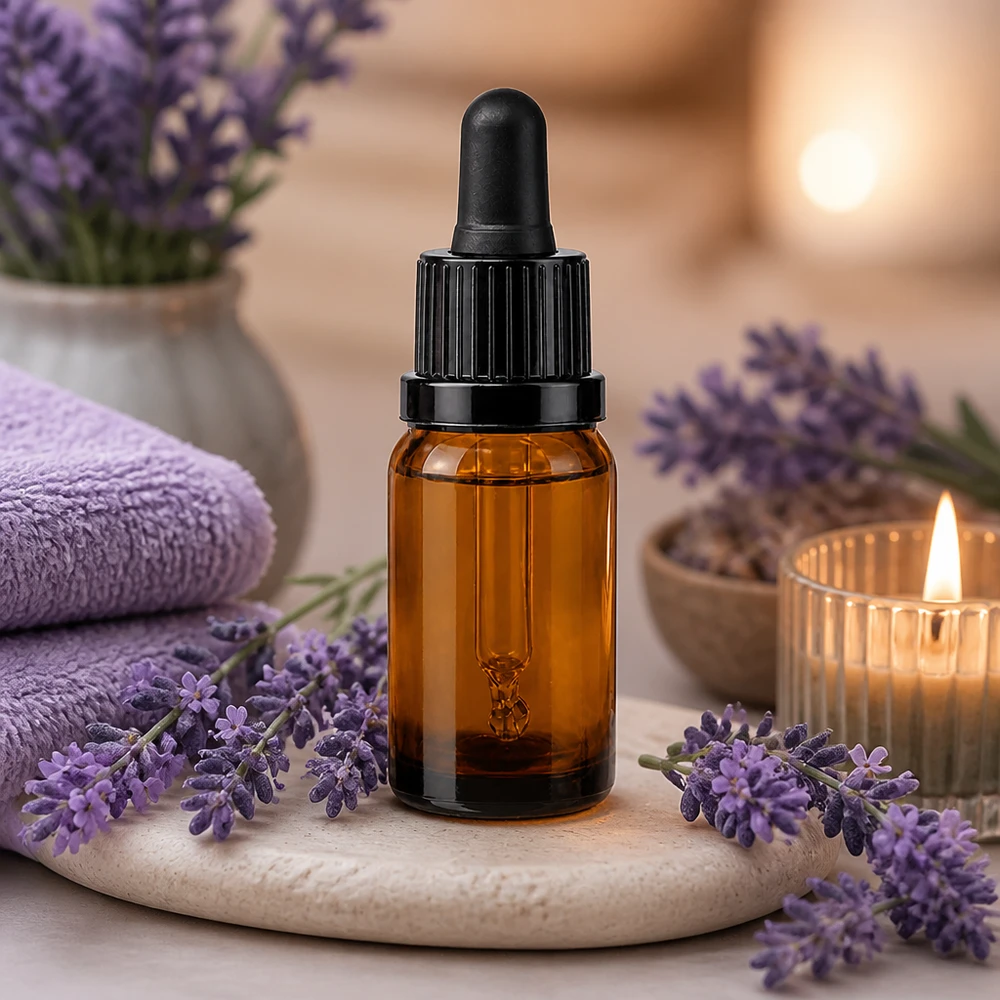 Elegantti 10ml pipettipullo meripihkalasista mustalla korkilla ammattimaiseen aromaterapiaan.