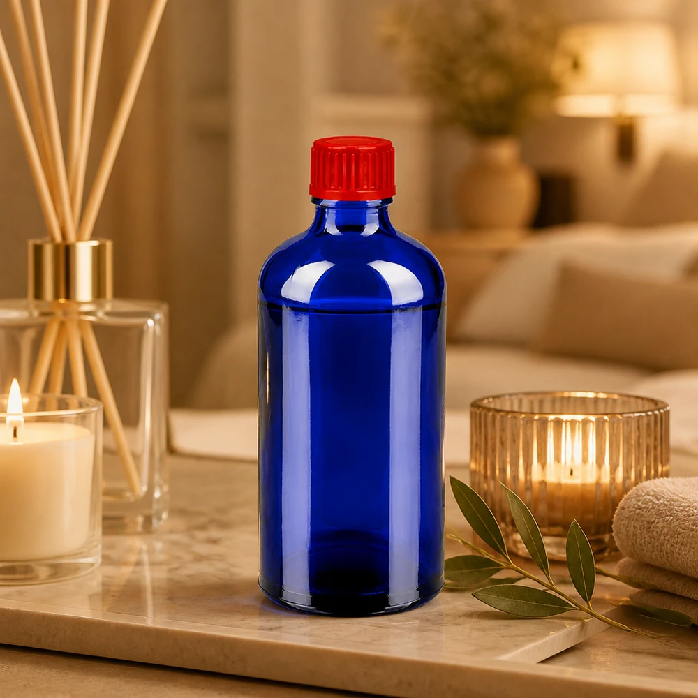 100ml pullo 11mm kierrekorkki punainen Standard BlueLine UT18/100 Korkealaatuinen 100ml lasipullo tyylikkäässä koboltinsinisessä värissä ja käytännöllisellä 11mm punaisella kierrekorkilla.