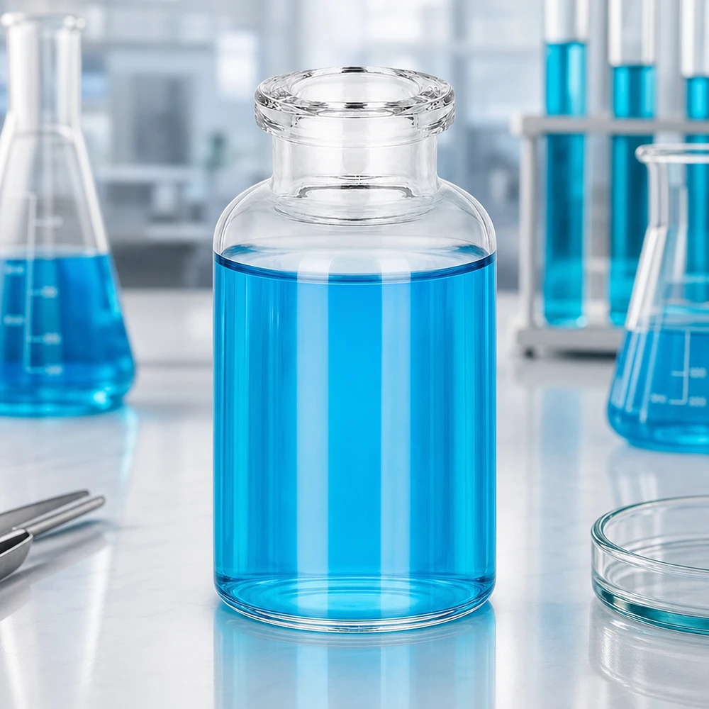 Injektiopullo kirkasta lasia 20ml Injektionsvial 20ml Klarglas auf weißer Laborbank neben Petrischale und Pinzette