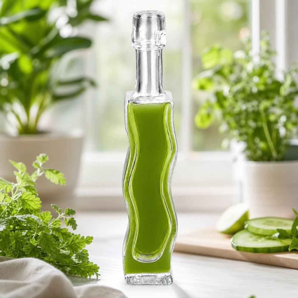 40ml Glasflasche "Anna" ohne Bügelverschluss UNiTWIST 40ml lasipullo Anna täynnä vihreää yrttiuutetta persilja koristelu kirkas ikkunalaudalla luonnonkosmetiikka tunnelma
