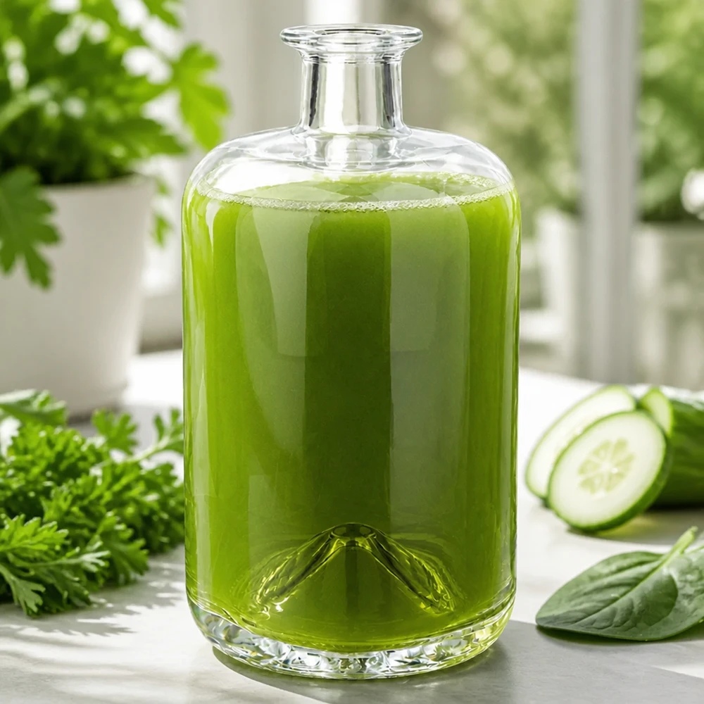 700ml Apothekenflasche "Classic" ohne Verschluss UNiTWIST® 700ml lasipullo Sofia täynnä vihreää smoothieta kurkun, persiljan ja pinaatin vieressä terveellinen ruokailu kohtaus