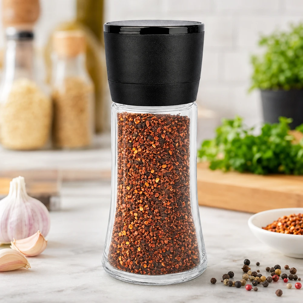 Schwarze Mühle Vario -tuote kirkkaassa lasipullossa (95 ml), täytettynä punaisilla chilihiutaleilla keittiöympäristössä