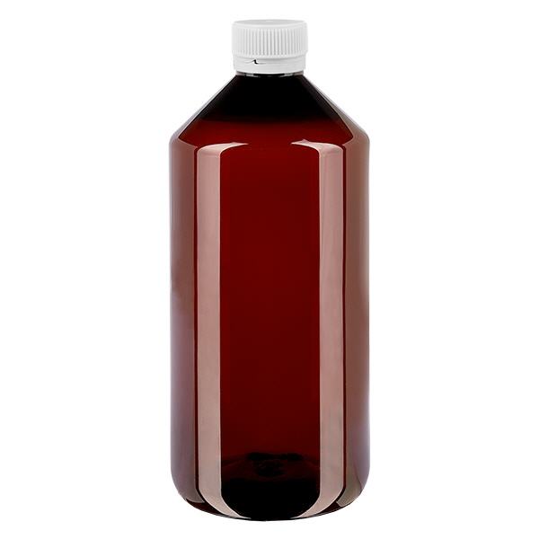 PET-pullo 1000ml, jossa on valkoinen uurrettu korkki, jolla on väärentämisen estävä korkki.