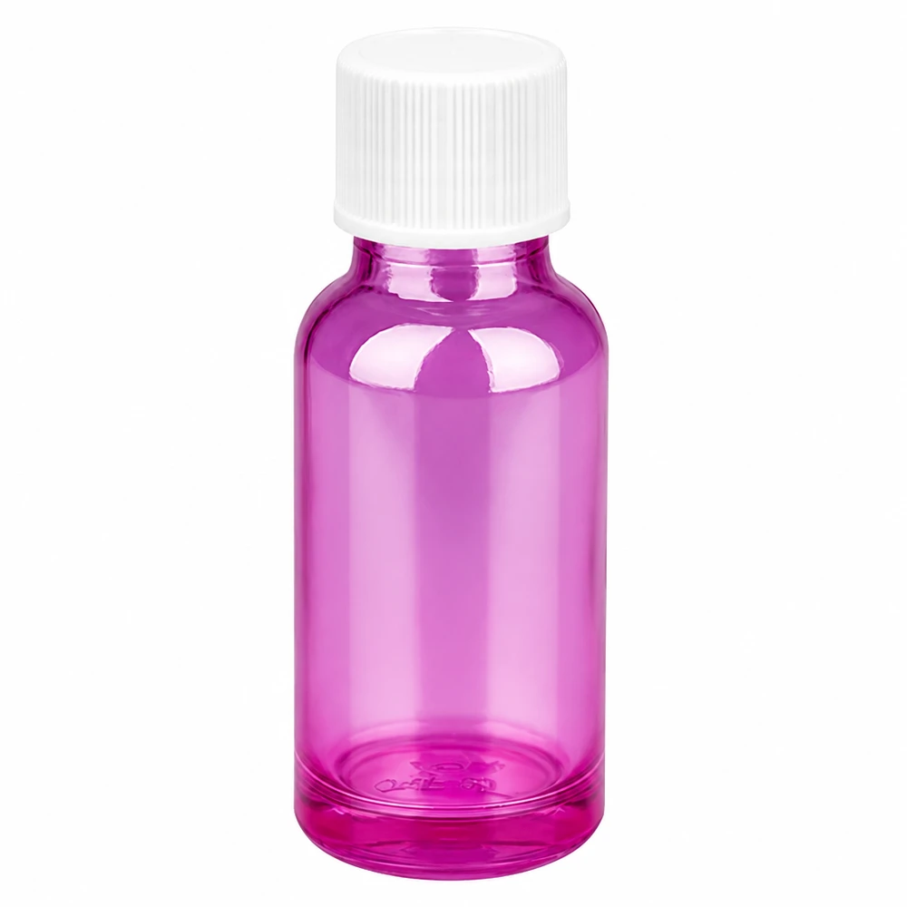 20ml pullo 11mm kierrekorkki valkoinen vakio PurpleLine UT18/20 PurpleLine UT18/20 20ml violetti lasipullo valkoisella kierrekorkilla eteerisille öljyille ja kosmetiikalle.