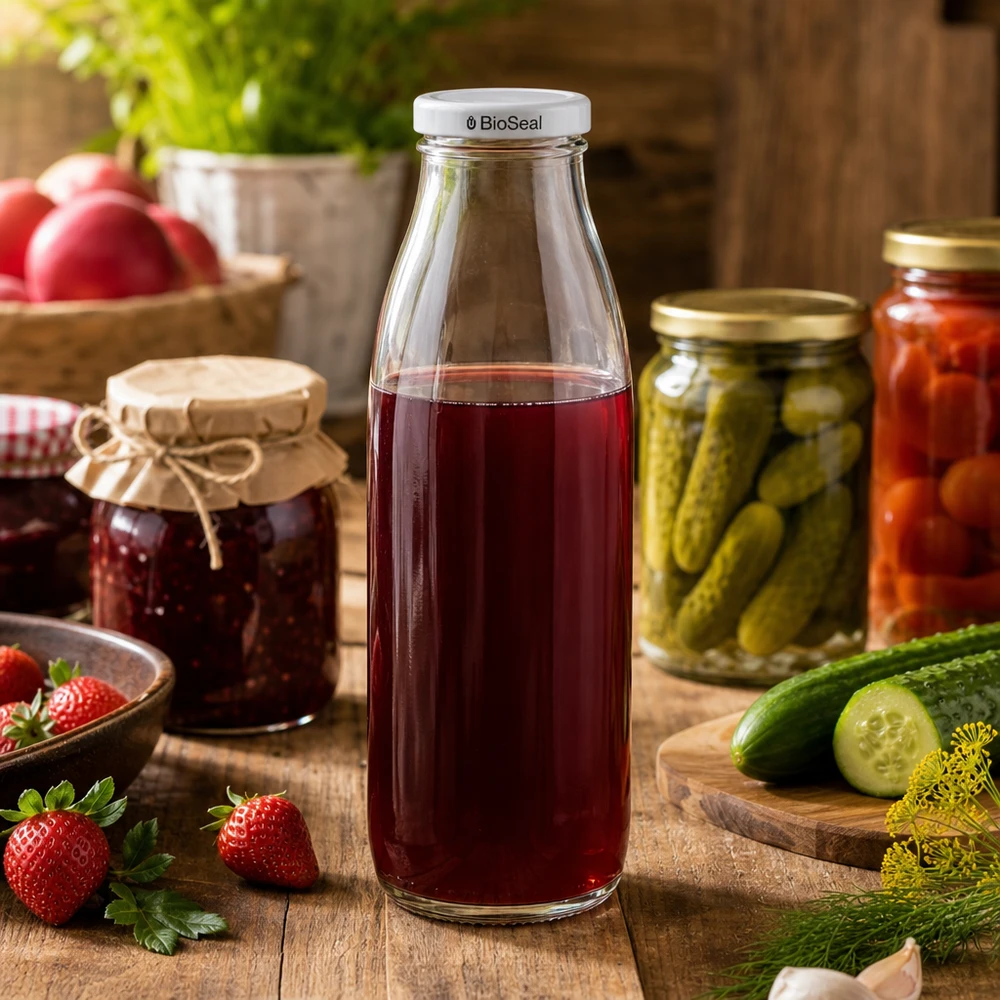 500ml lasipullo + BioSeal-kansi valkoinen UNiTWIST 500 ml:n lasipullo täynnä punaista mehua, BioSeal-kansi valkoinen, ympärillä säilöntätölkkejä ja tuoreita kurkkuja.
