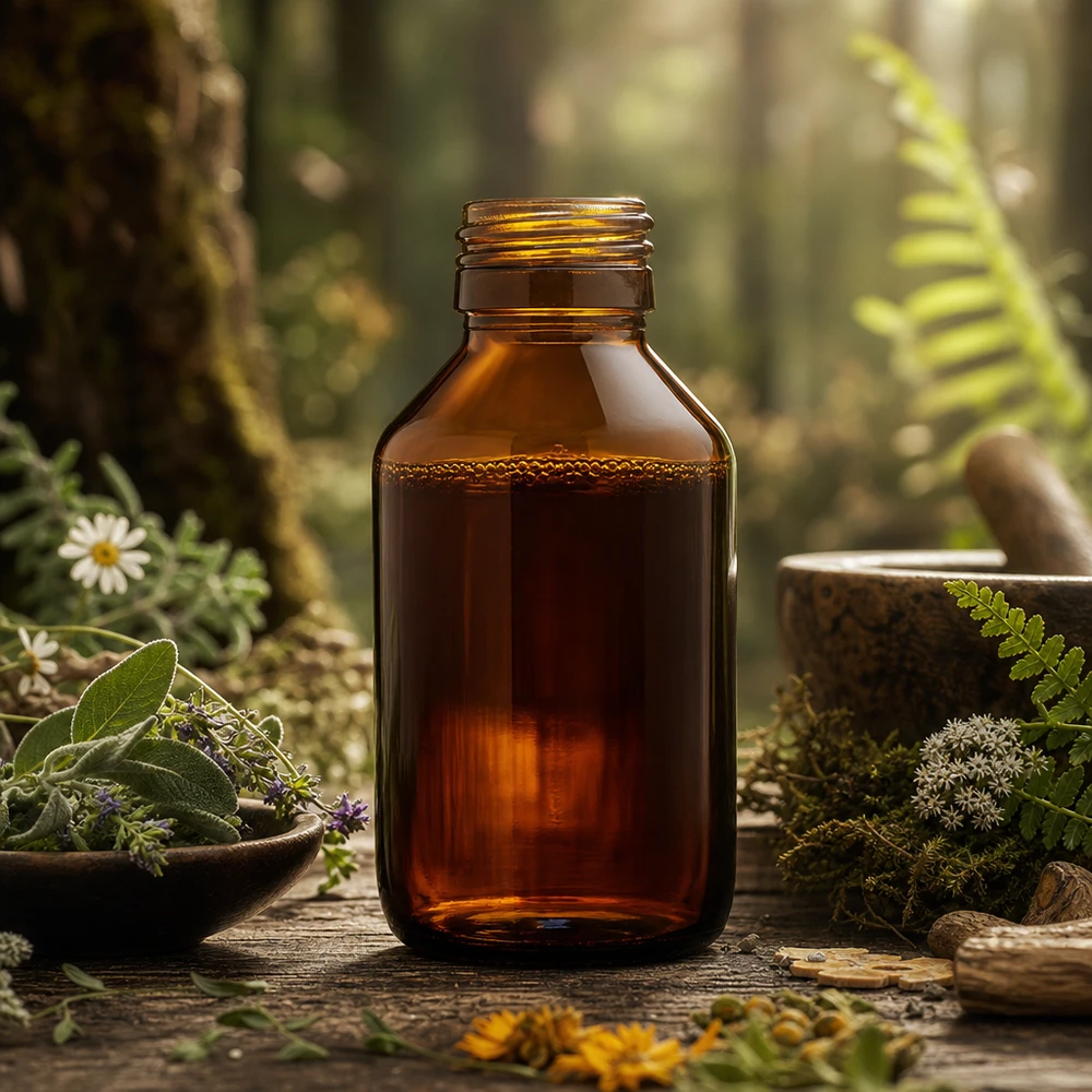 Ruskea 100ml lasipullo PP28-kierteellä, ihanteellinen homeopaattisille valmisteille ja luontaislääkkeille.