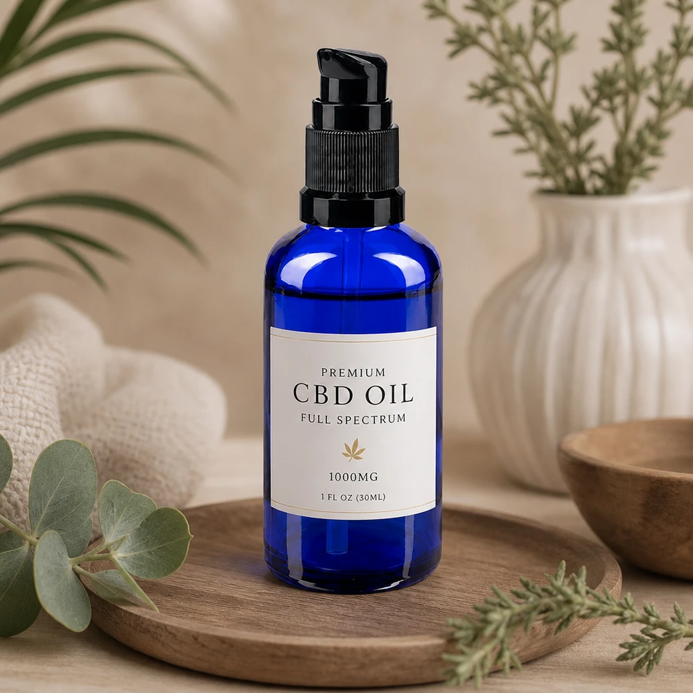 Sininen 30 ml:n lasipullo, jossa on musta pumppusäiliö, Premium CBD -öljylle (Full Spectrum)