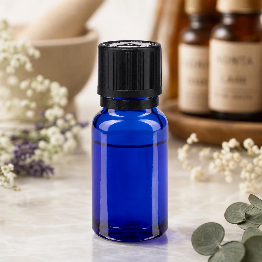 Apteekkipullo sininen 10ml tippapullon korkki kaatorengas 1mm musta lapsilukko sokea varoitussymboli tamper evident sulkeminen 10 ml:n tiputuspullo koboltinsinisestä apteekkilasista, jossa on musta kierrekorkki eteerisille öljyille