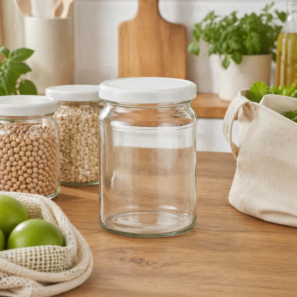 205ml pyöreä purkki BasicSeal-kannella valkoinen UNiTWIST 205ml Rundglas UNiTWIST in nachhaltiger Zero-Waste Küche mit Getreide und Öko-Beuteln - umweltfreundliche Vorratshaltung