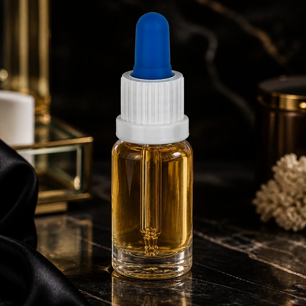 10ml pipettipullo valkoinen/sininen sulkeminen väärentämisen estävällä sulkimella ClearLine UT18/10. Tyylikäs 10 ml:n kirkaslasinen pipettipullo, jossa on meripihkaista öljyä mustalla marmoritaustalla