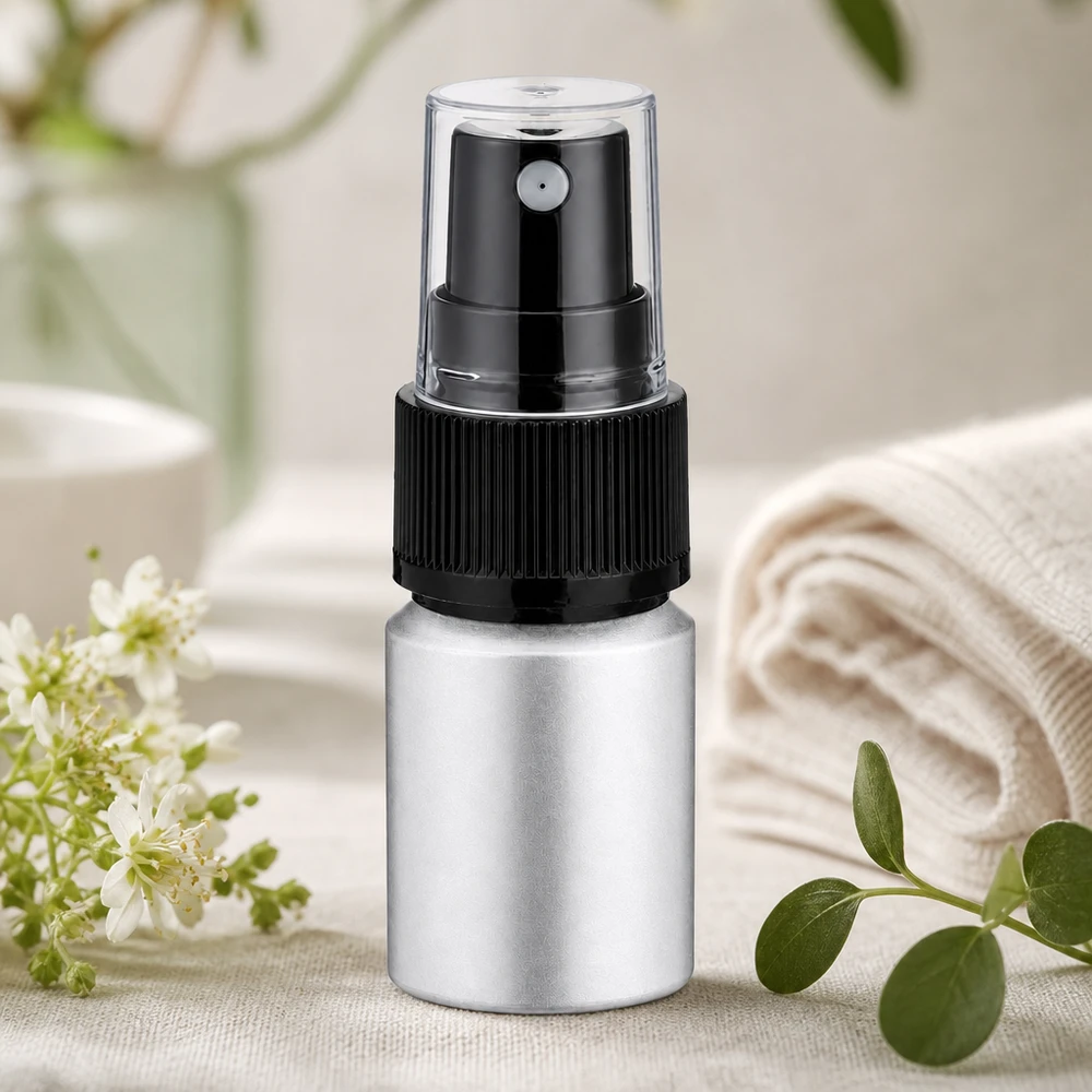 Kompakti 10ml alumiinipullo, jossa on läpinäkyvä sumutinpää liikkuvaan hajuvesikäyttöön.