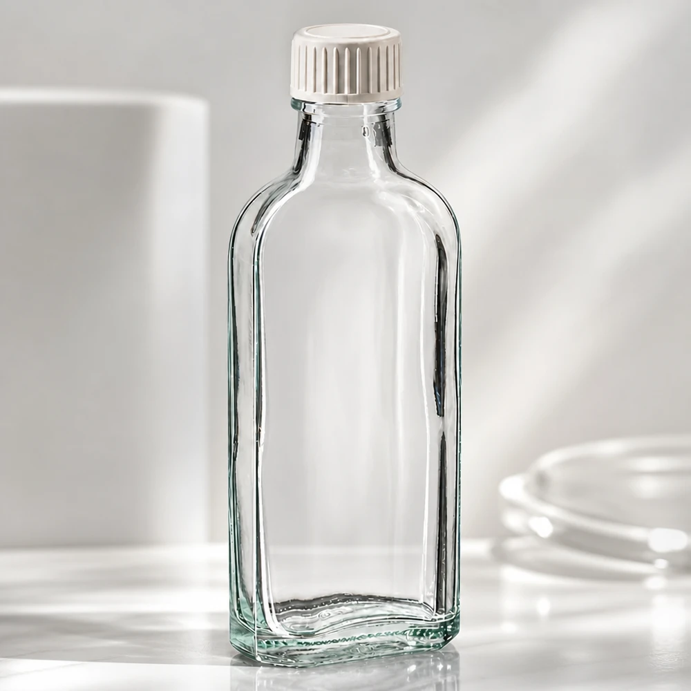 Läpinäkyvä 100 ml:n lasipullo, jossa on litteä muoto ja valkoinen PE-kierrekorkki