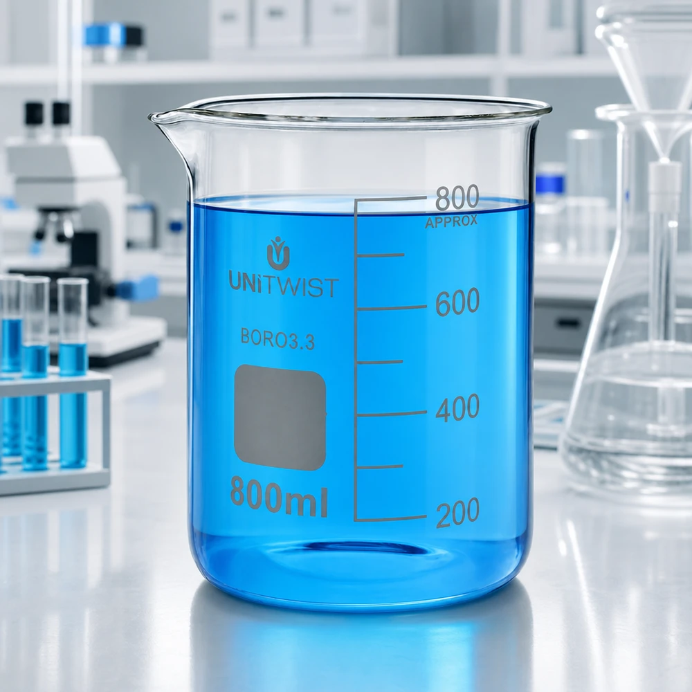 800 ml borosilikaattilasi, matala muotti UNiTWIST UNiTWIST-lasikulho 800 ml, borosilikaattia, matala malli, jossa on sinistä nestettä laboratoriossa