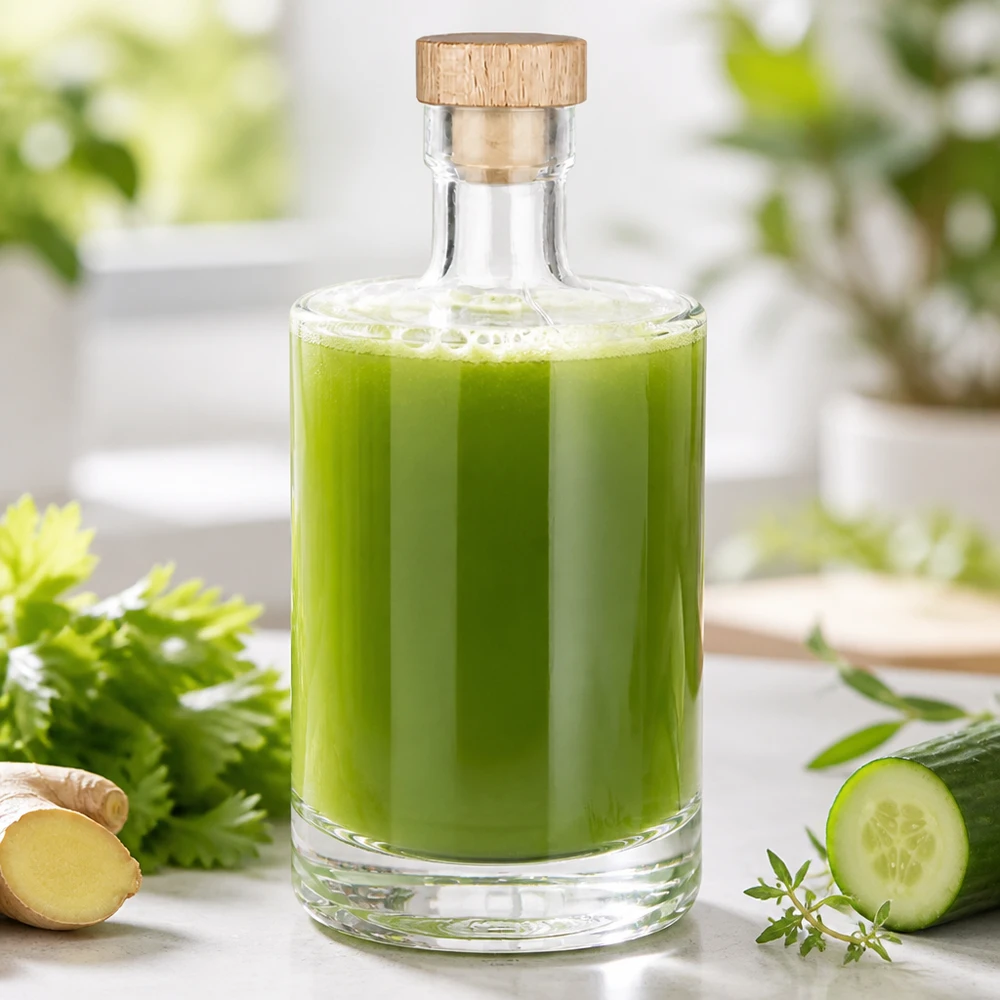 500ml lasipullo Marie täynnä vihreää kasvismehua - puinen korkkikorkki - elämäntapakuva kurkun ja inkiväärin kanssa.