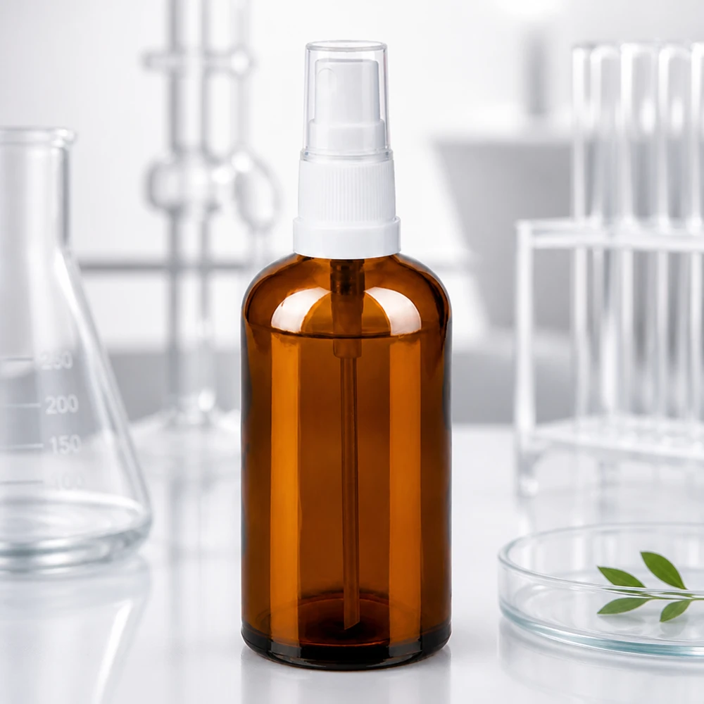 BrownLine-suihkupullo 100ml UT18-kierteellä ammattimaiseen kosmetiikkatuotantoon ja laboratoriosovelluksiin.