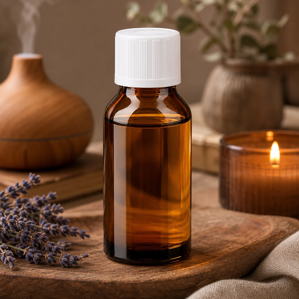 Aromaterapia: ruskealasi-pullo 15 ml, valkoinen lapsiturvallinen korkki, kynttilän ja laventelin vieressä