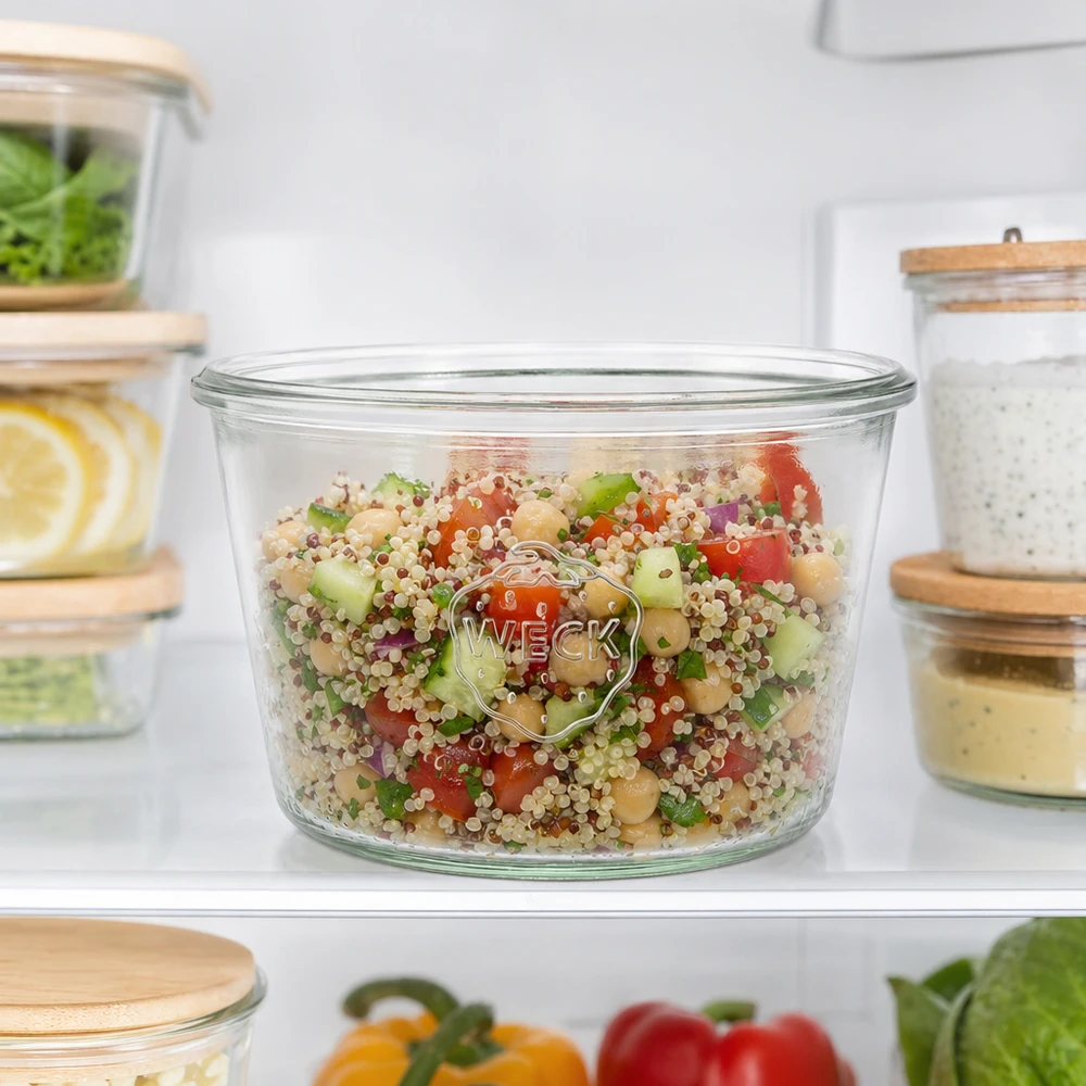 370ml tumppupurkki WECK RR100 WECK 370ml RR100 muuripurkki täynnä quinoa-salaattia jääkaapissa aterian valmistelua ja säilytystä varten.