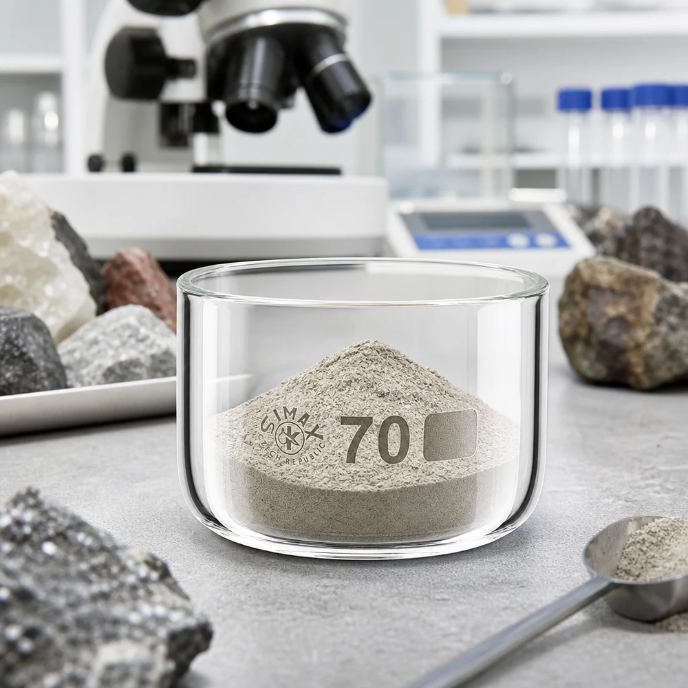 Simax-kiteytysastia (70 mm), jossa on harmaata mineraalijauhetta, laboratoriopöydällä kivinäytteiden ja mikroskoopin vieressä