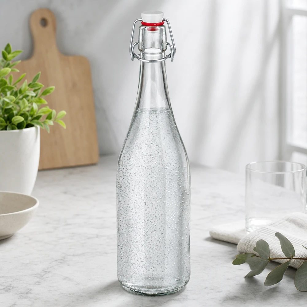 750ml lasipullo, jossa on keinukorkki, täynnä kuohuvaa vettä Keittiön maisema marmorinen työtaso moderni