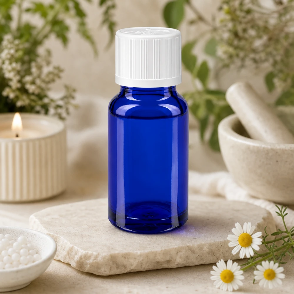 Sininen apteekkipullo (10 ml), jossa on valkoinen KiSi-korkki, kivilevyn päällä kamomillankukkien vieressä