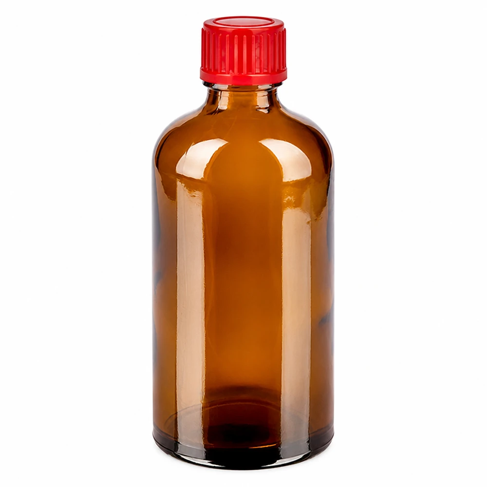 100ml meripihkanvärinen lasipullo punaisella kierrekorkilla lääkkeille ja kemikaaleille