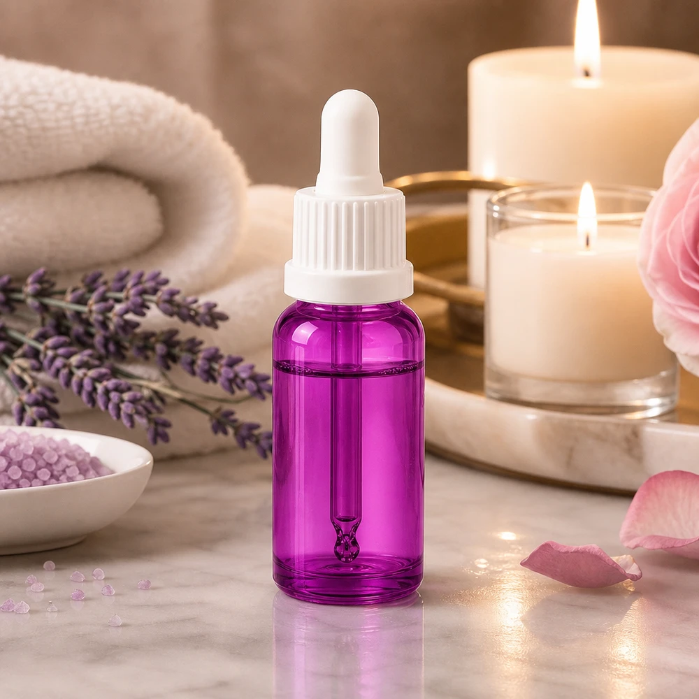Laadukas pipettipullo 20ml lasista, jossa valkoinen OV-korkki aromaterapiaan.
