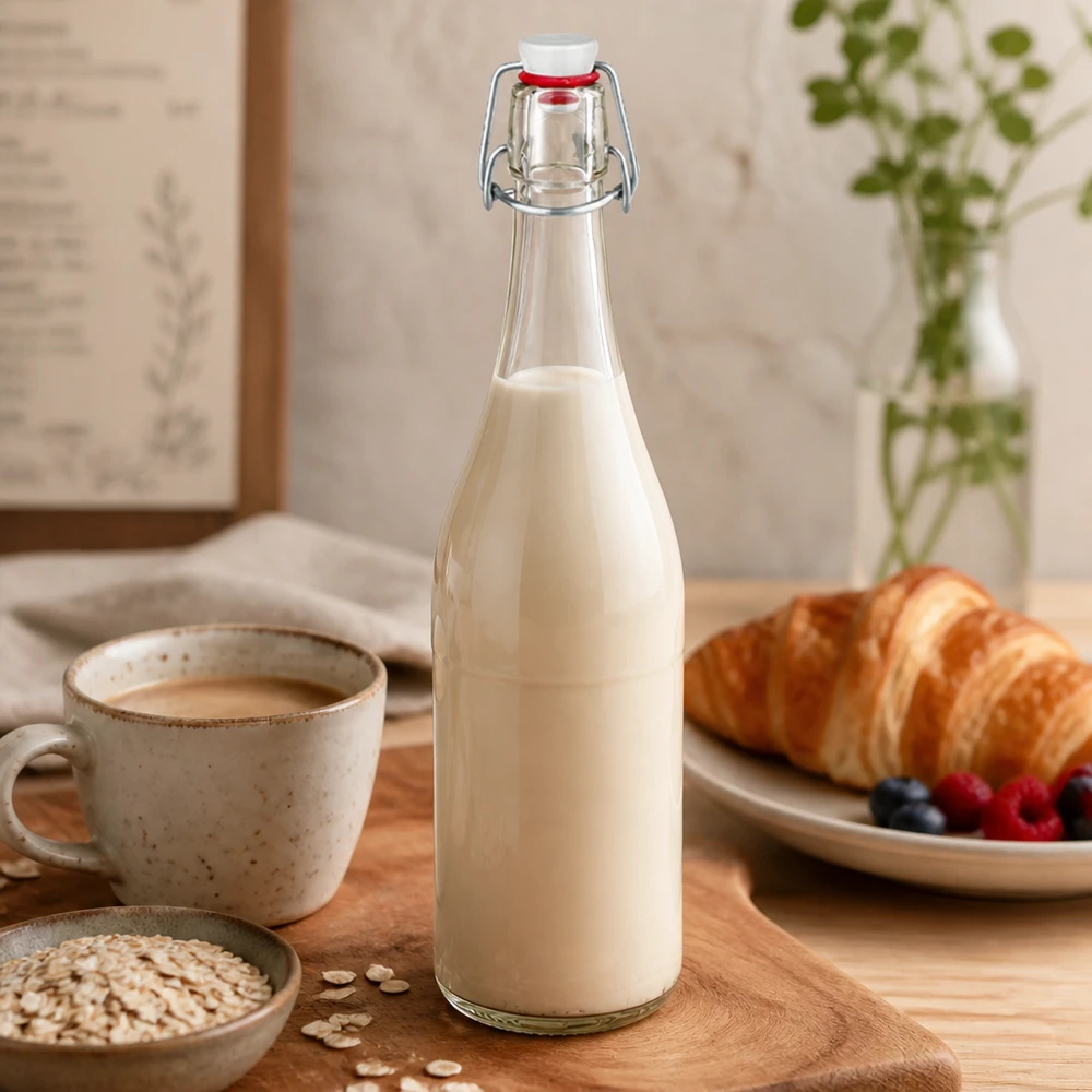 750ml lasipullo swing top täynnä maitoa Keittiö kohtaus aamiainen croissant kaurahiutaleet luonnollinen